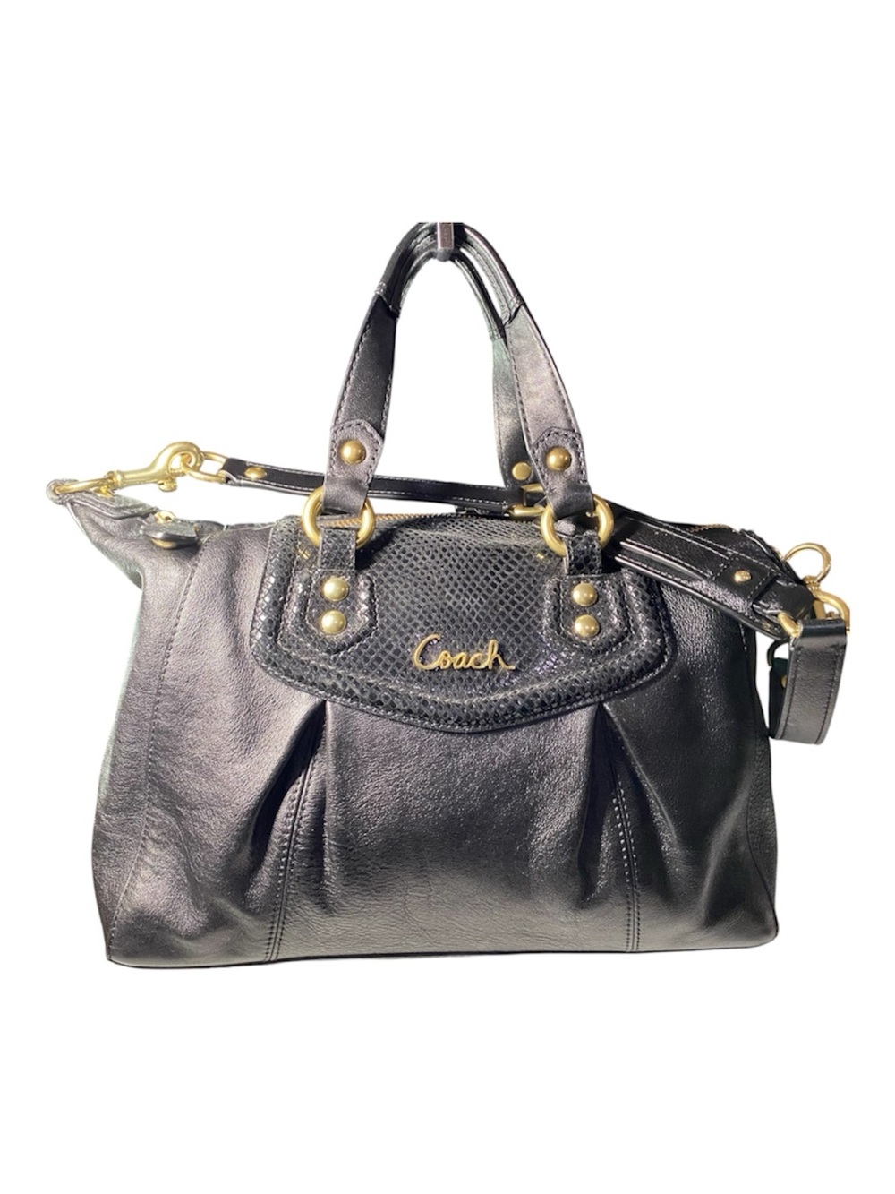Coach Ashley Black Leather Satchel Shoulder Bag Python Trim 2012